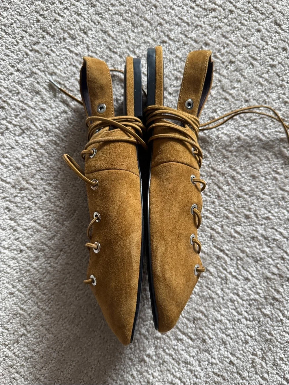 Zara Women's Suede Lace-Up Flats in Mustard Brown